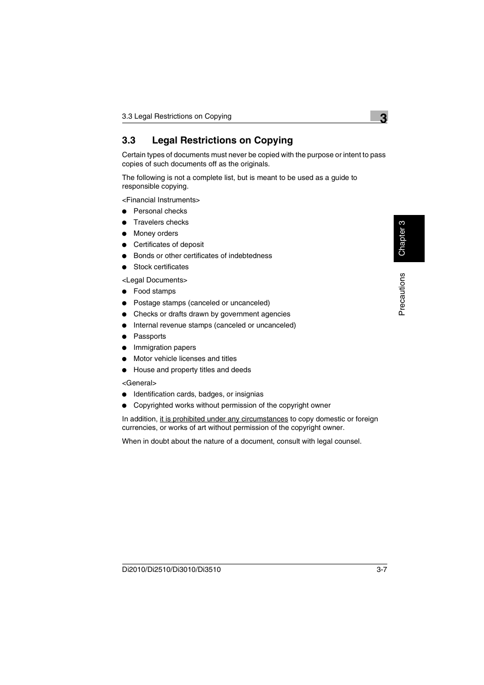 3 legal restrictions on copying, Legal restrictions on copying -7 | Minolta DI2510 User Manual | Page 32 / 148