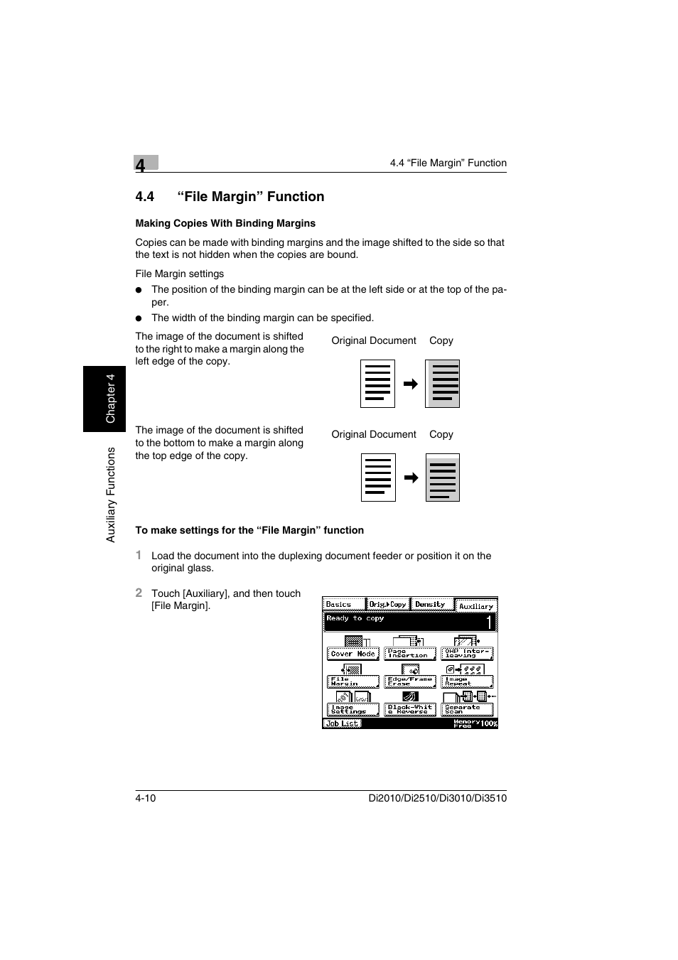 4 “file margin” function, Making copies with binding margins, To make settings for the “file margin” function | Minolta DI2510 User Manual | Page 43 / 148