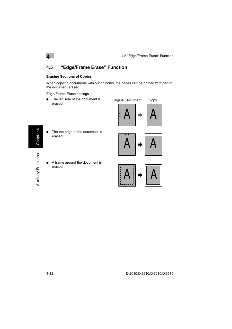 5 “edge/frame erase” function, Erasing sections of copies | Minolta DI2510 User Manual | Page 45 / 148