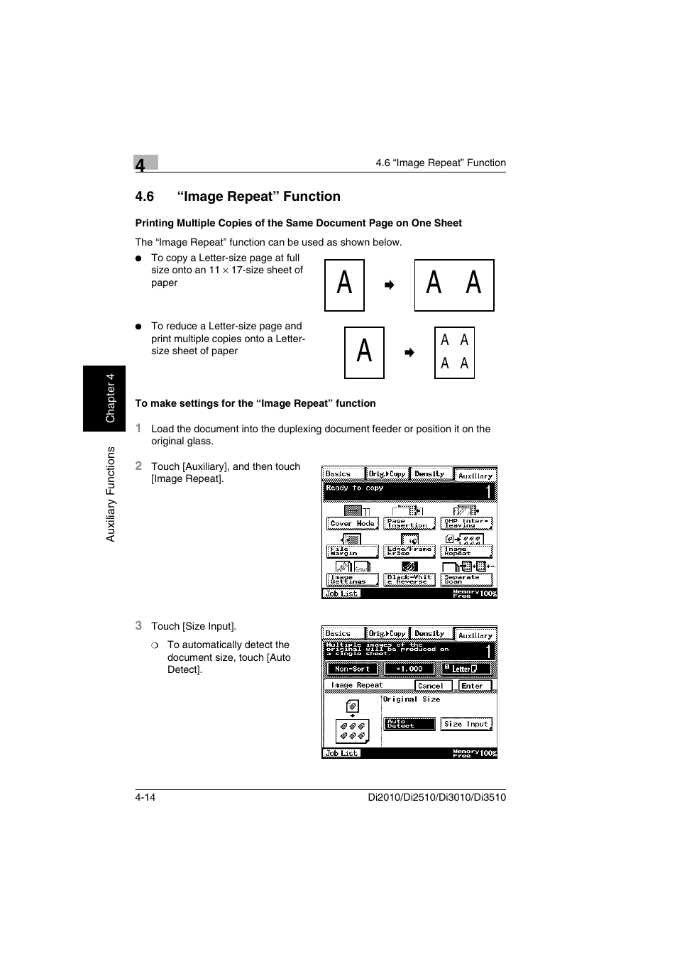 6 “image repeat” function, To make settings for the “image repeat” function, Aa a a | Minolta DI2510 User Manual | Page 47 / 148