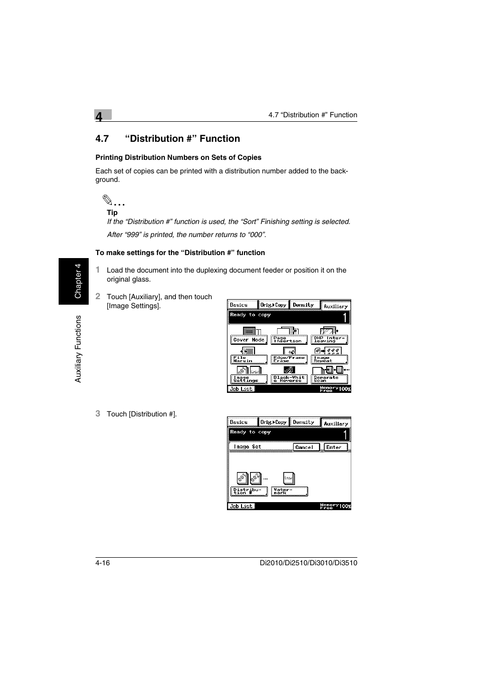 7 “distribution #” function, Printing distribution numbers on sets of copies, To make settings for the “distribution #” function | Minolta DI2510 User Manual | Page 49 / 148