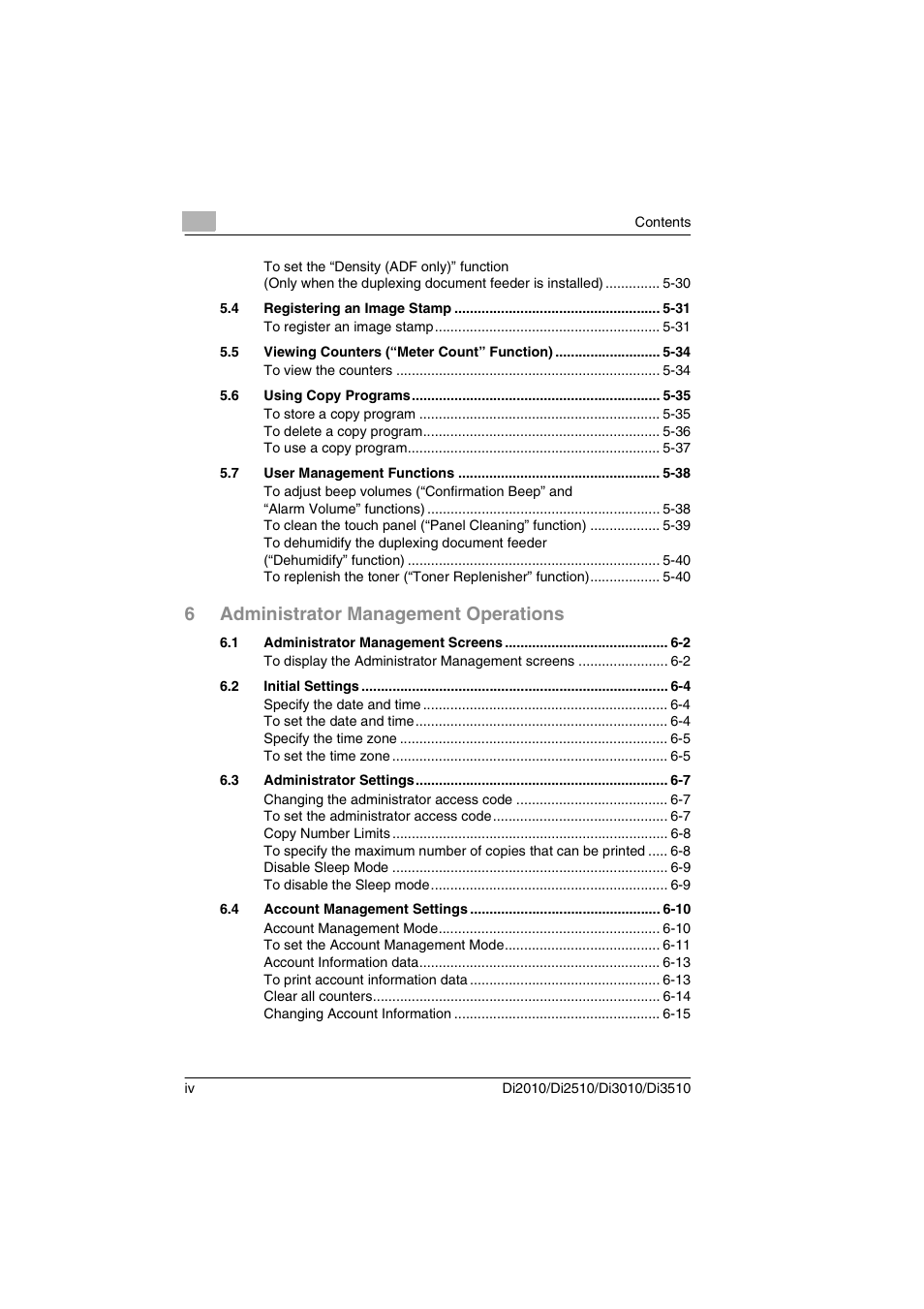 6administrator management operations | Minolta DI2510 User Manual | Page 5 / 148