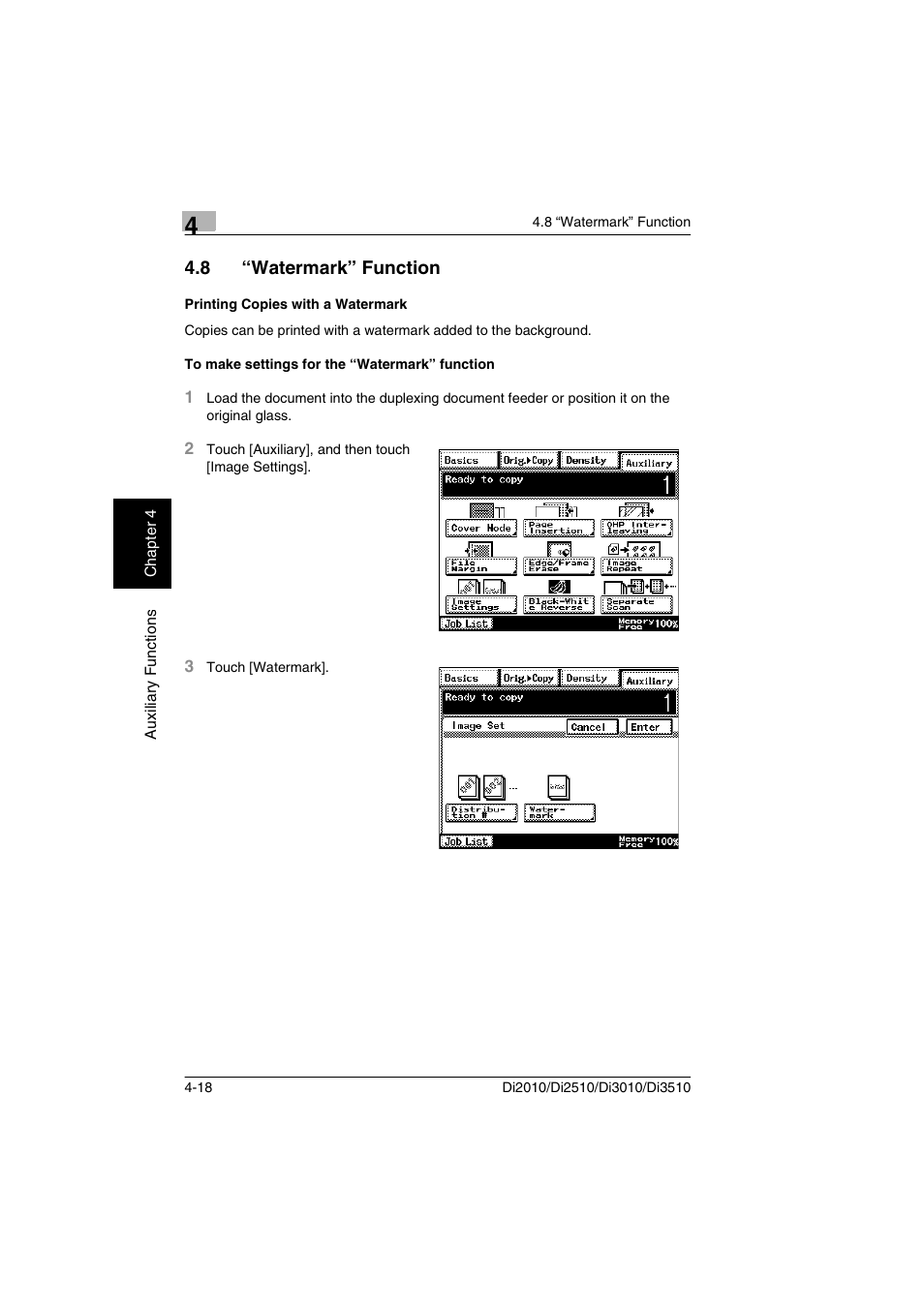 8 “watermark” function, Printing copies with a watermark, To make settings for the “watermark” function | Minolta DI2510 User Manual | Page 51 / 148