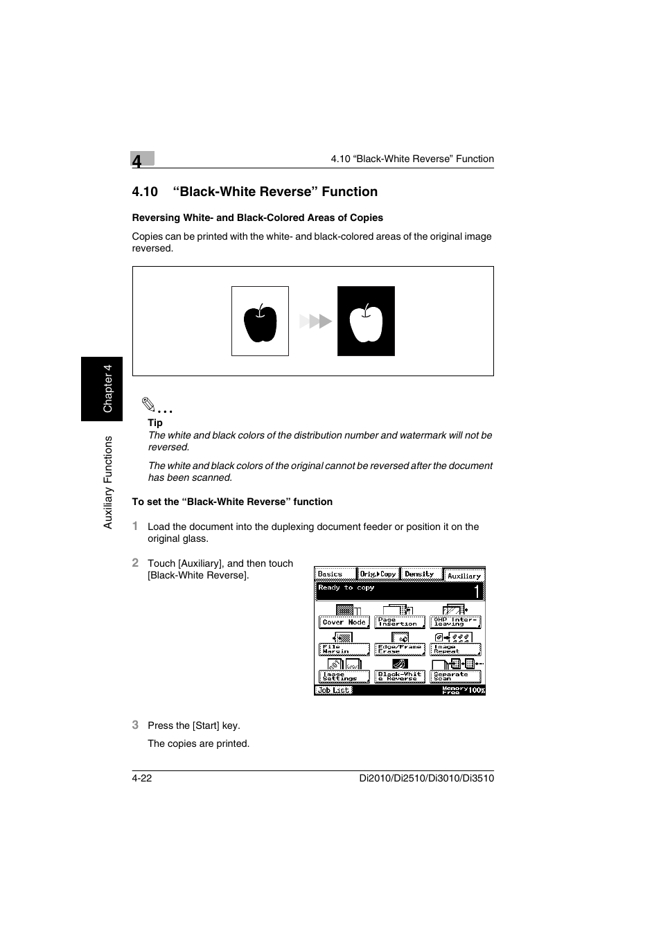 10 “black-white reverse” function, Reversing white- and black-colored areas of copies, To set the “black-white reverse” function | Minolta DI2510 User Manual | Page 55 / 148