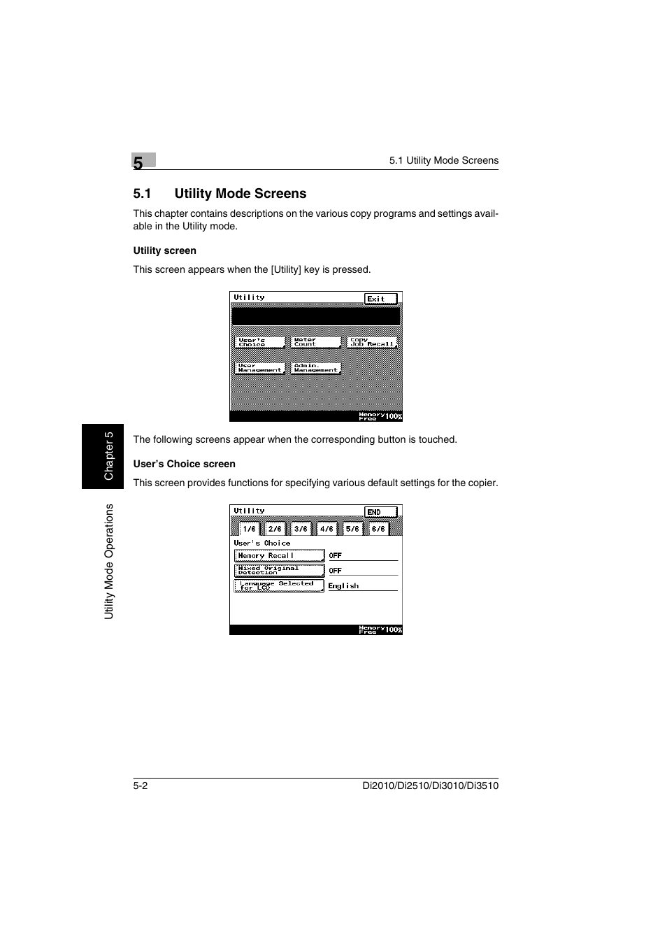 1 utility mode screens, Utility screen, User’s choice screen | Minolta DI2510 User Manual | Page 59 / 148