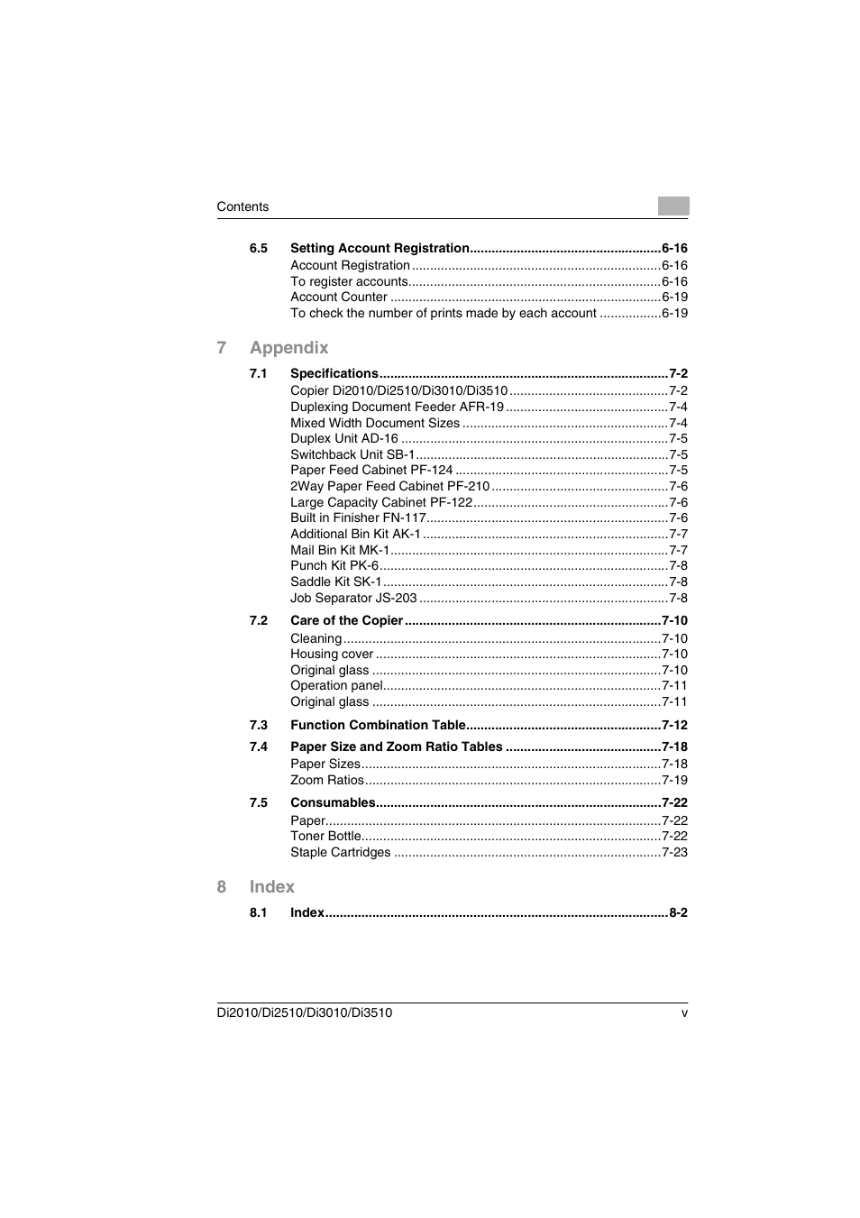 7appendix, 8index | Minolta DI2510 User Manual | Page 6 / 148