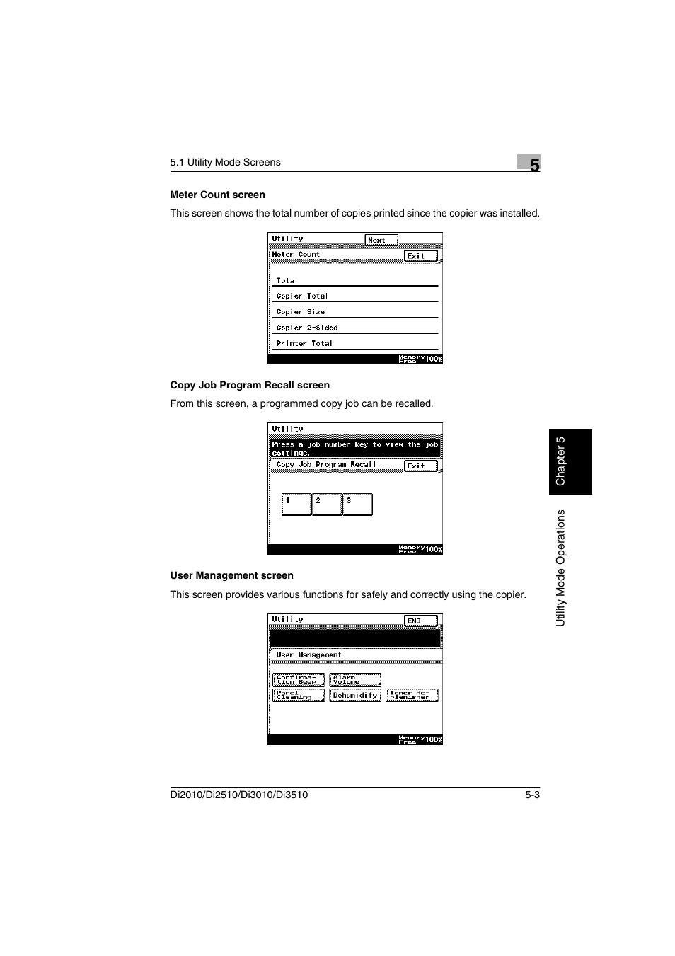 Meter count screen, Copy job program recall screen, User management screen | Minolta DI2510 User Manual | Page 60 / 148