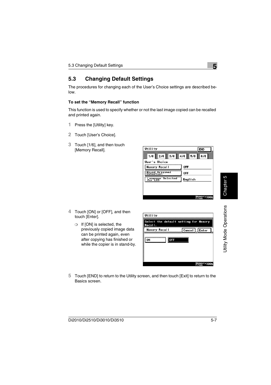 3 changing default settings, To set the “memory recall” function | Minolta DI2510 User Manual | Page 64 / 148