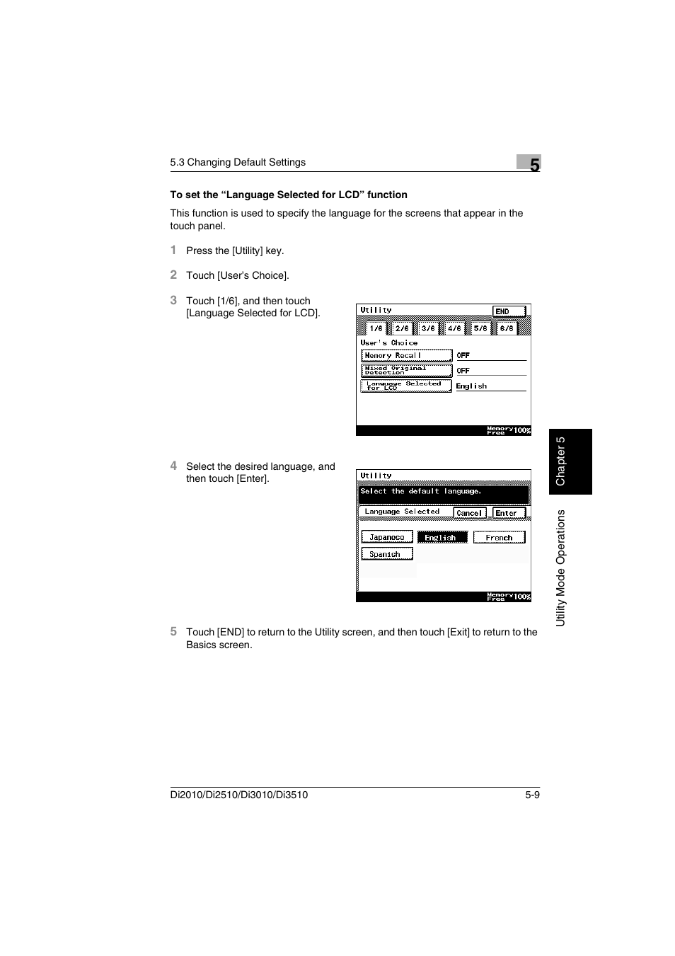 To set the “language selected for lcd” function, To set the “language selected for lcd” function -9 | Minolta DI2510 User Manual | Page 66 / 148