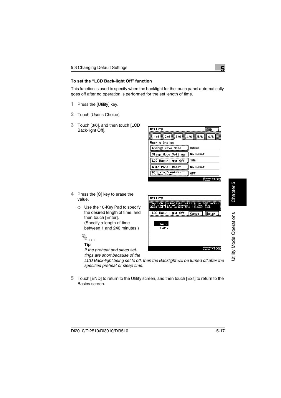 To set the “lcd back-light off” function, To set the “lcd back-light off” function -17 | Minolta DI2510 User Manual | Page 74 / 148