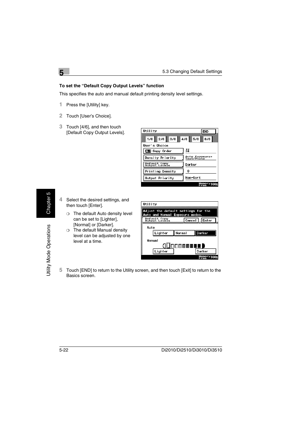 To set the “default copy output levels” function | Minolta DI2510 User Manual | Page 79 / 148