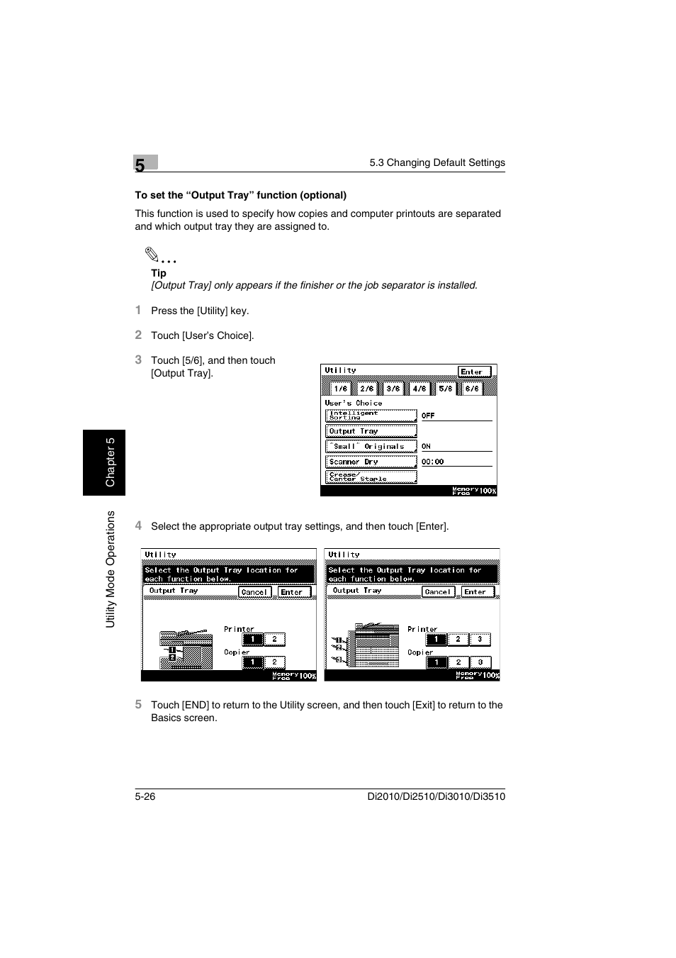 To set the “output tray” function (optional), To set the “output tray” function (optional) -26 | Minolta DI2510 User Manual | Page 83 / 148