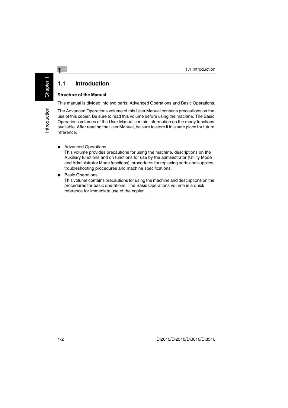 1 introduction, Structure of the manual, Introduction -2 structure of the manual -2 | Minolta DI2510 User Manual | Page 9 / 148