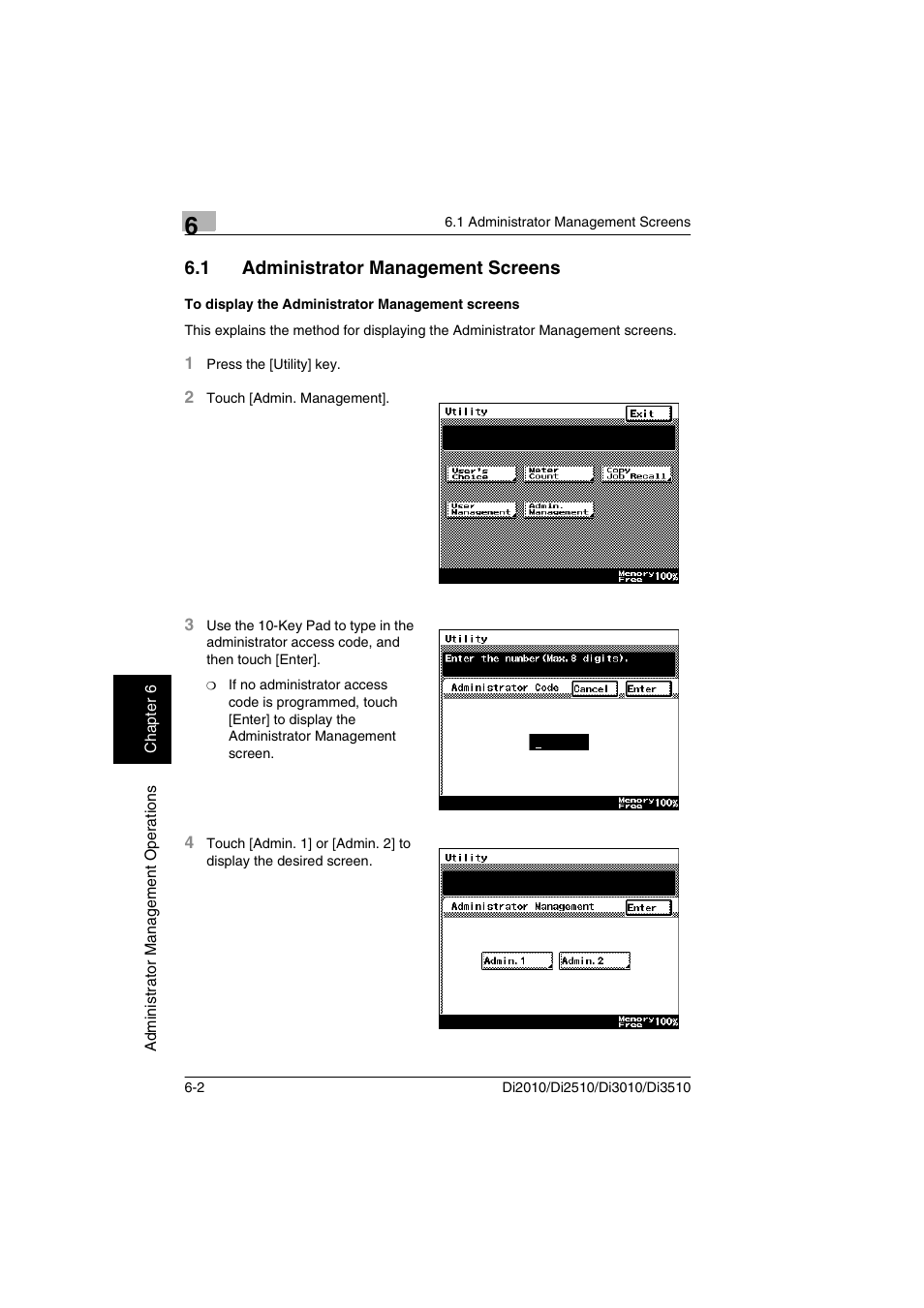 1 administrator management screens, To display the administrator management screens | Minolta DI2510 User Manual | Page 99 / 148