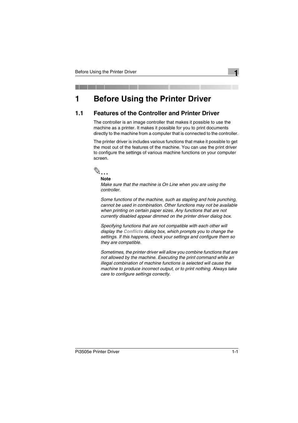 1 before using the printer driver, 1 features of the controller and printer driver, Before using the printer driver | Features of the controller and printer driver -1, 1before using the printer driver | Minolta Pi3505e User Manual | Page 10 / 114