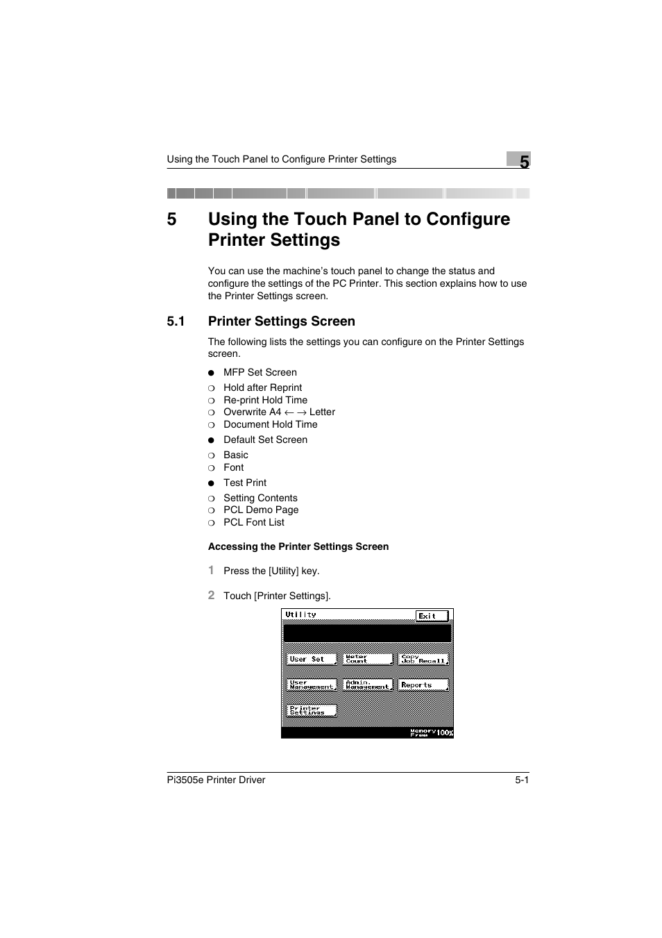 1 printer settings screen, Accessing the printer settings screen, Printer settings screen -1 | Accessing the printer settings screen -1 | Minolta Pi3505e User Manual | Page 100 / 114