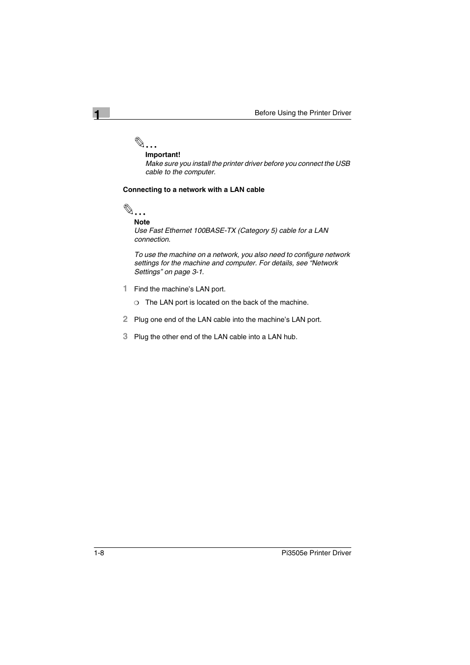 Connecting to a network with a lan cable, Connecting to a network with a lan cable -8 | Minolta Pi3505e User Manual | Page 17 / 114