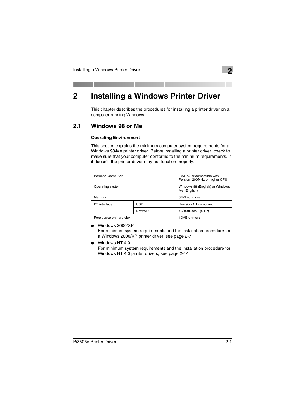 2 installing a windows printer driver, 1 windows 98 or me, Operating environment | Installing a windows printer driver, Windows 98 or me -1, Operating environment -1, 2installing a windows printer driver | Minolta Pi3505e User Manual | Page 20 / 114