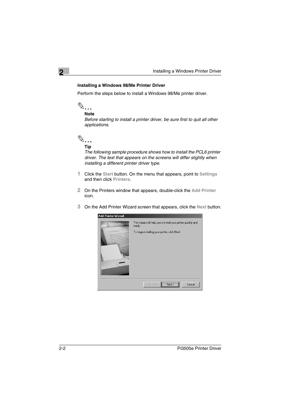 Installing a windows 98/me printer driver, Installing a windows 98/me printer driver -2 | Minolta Pi3505e User Manual | Page 21 / 114