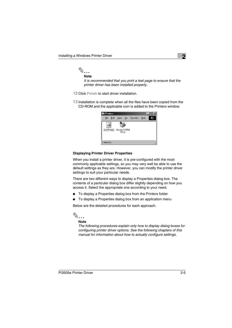 Displaying printer driver properties, Displaying printer driver properties -5 | Minolta Pi3505e User Manual | Page 24 / 114