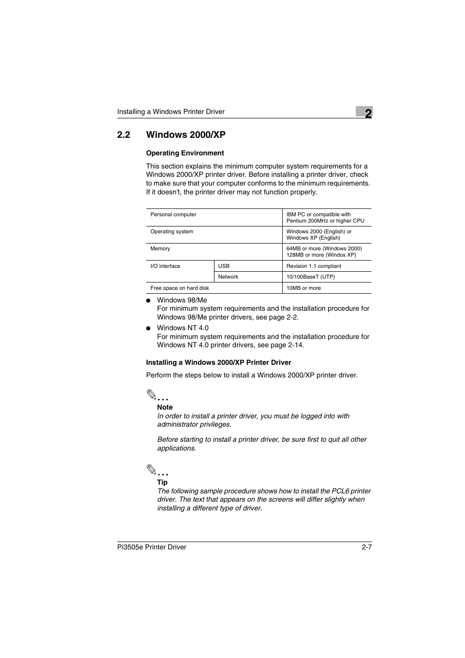 2 windows 2000/xp, Operating environment, Installing a windows 2000/xp printer driver | Windows 2000/xp -7 | Minolta Pi3505e User Manual | Page 26 / 114