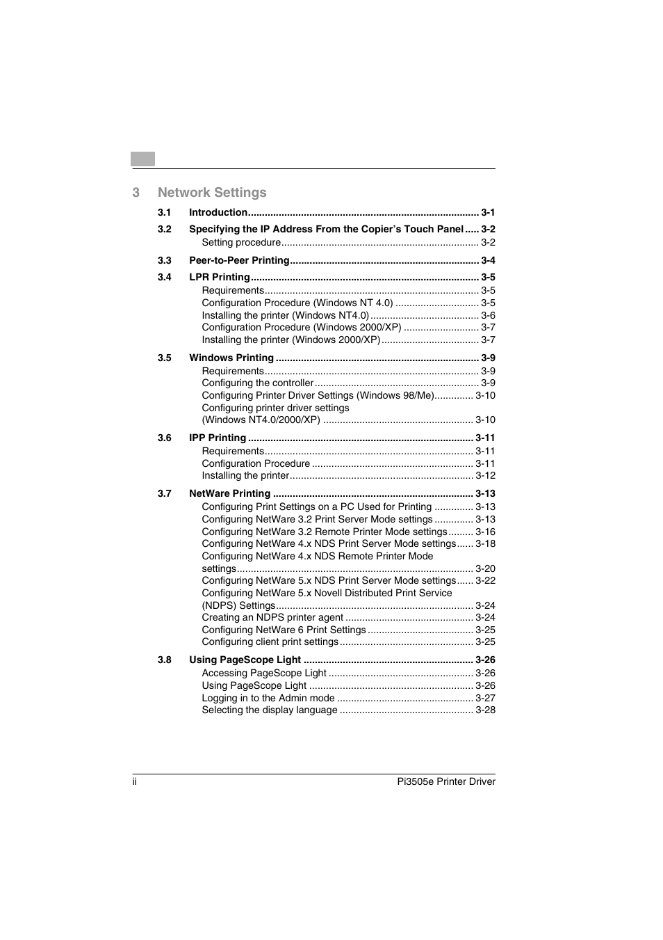 3network settings | Minolta Pi3505e User Manual | Page 3 / 114