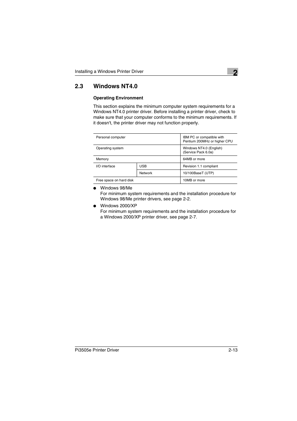 3 windows nt4.0, Operating environment, Windows nt4.0 -13 | Operating environment -13 | Minolta Pi3505e User Manual | Page 32 / 114