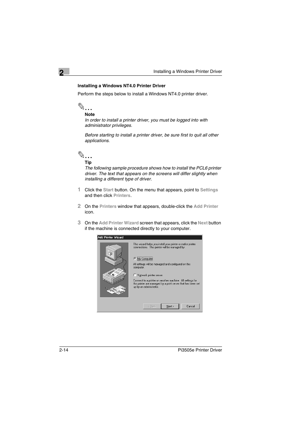 Installing a windows nt4.0 printer driver, Installing a windows nt4.0 printer driver -14 | Minolta Pi3505e User Manual | Page 33 / 114