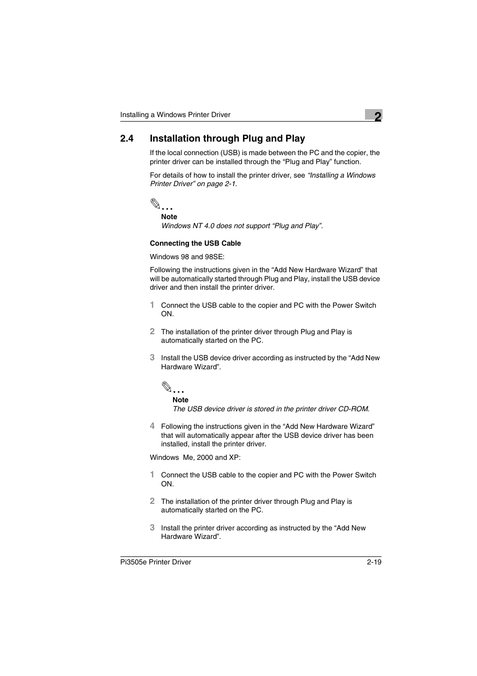 4 installation through plug and play, Connecting the usb cable, Installation through plug and play -19 | Connecting the usb cable -19 | Minolta Pi3505e User Manual | Page 38 / 114