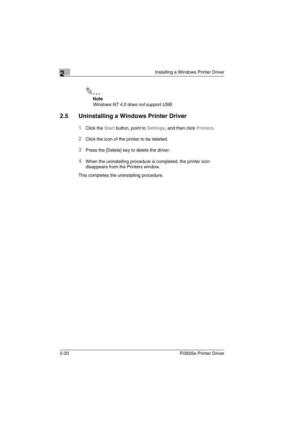 5 uninstalling a windows printer driver, Uninstalling a windows printer driver -20 | Minolta Pi3505e User Manual | Page 39 / 114