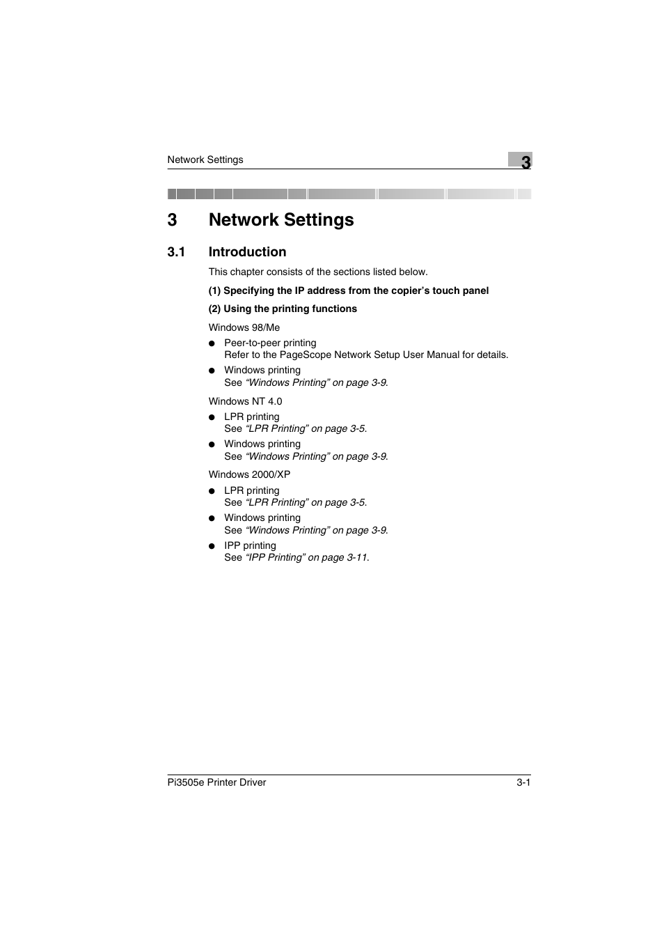 3 network settings, 1 introduction, Network settings | Introduction -1, 3network settings | Minolta Pi3505e User Manual | Page 40 / 114