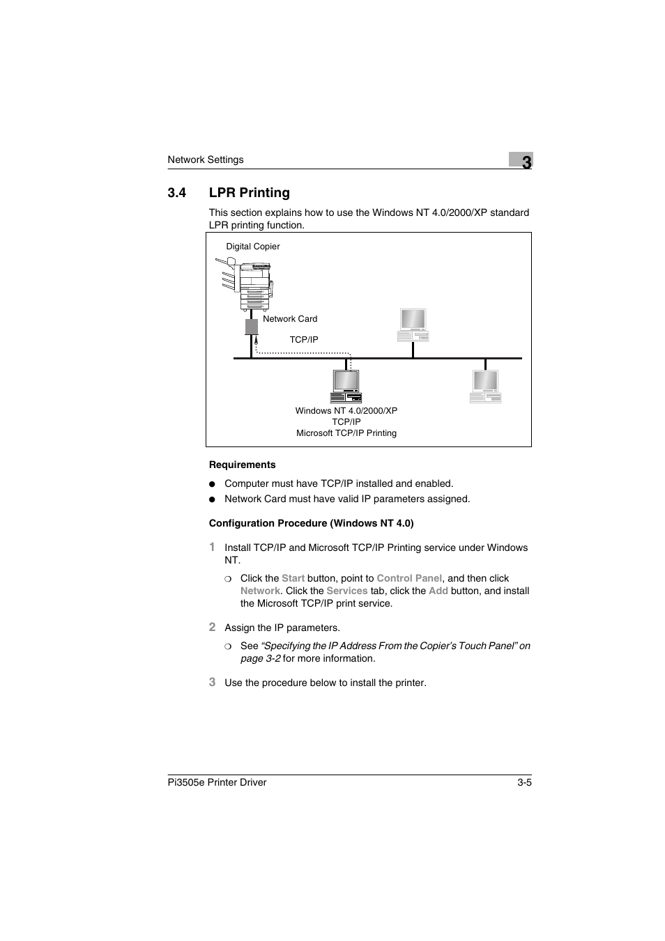 4 lpr printing, Requirements, Configuration procedure (windows nt 4.0) | Lpr printing -5 | Minolta Pi3505e User Manual | Page 44 / 114