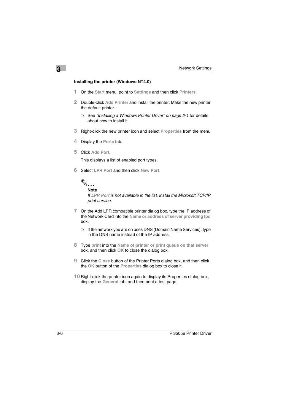 Installing the printer (windows nt4.0), Installing the printer (windows nt4.0) -6 | Minolta Pi3505e User Manual | Page 45 / 114