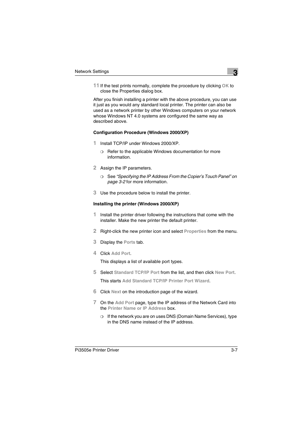 Configuration procedure (windows 2000/xp), Installing the printer (windows 2000/xp) | Minolta Pi3505e User Manual | Page 46 / 114