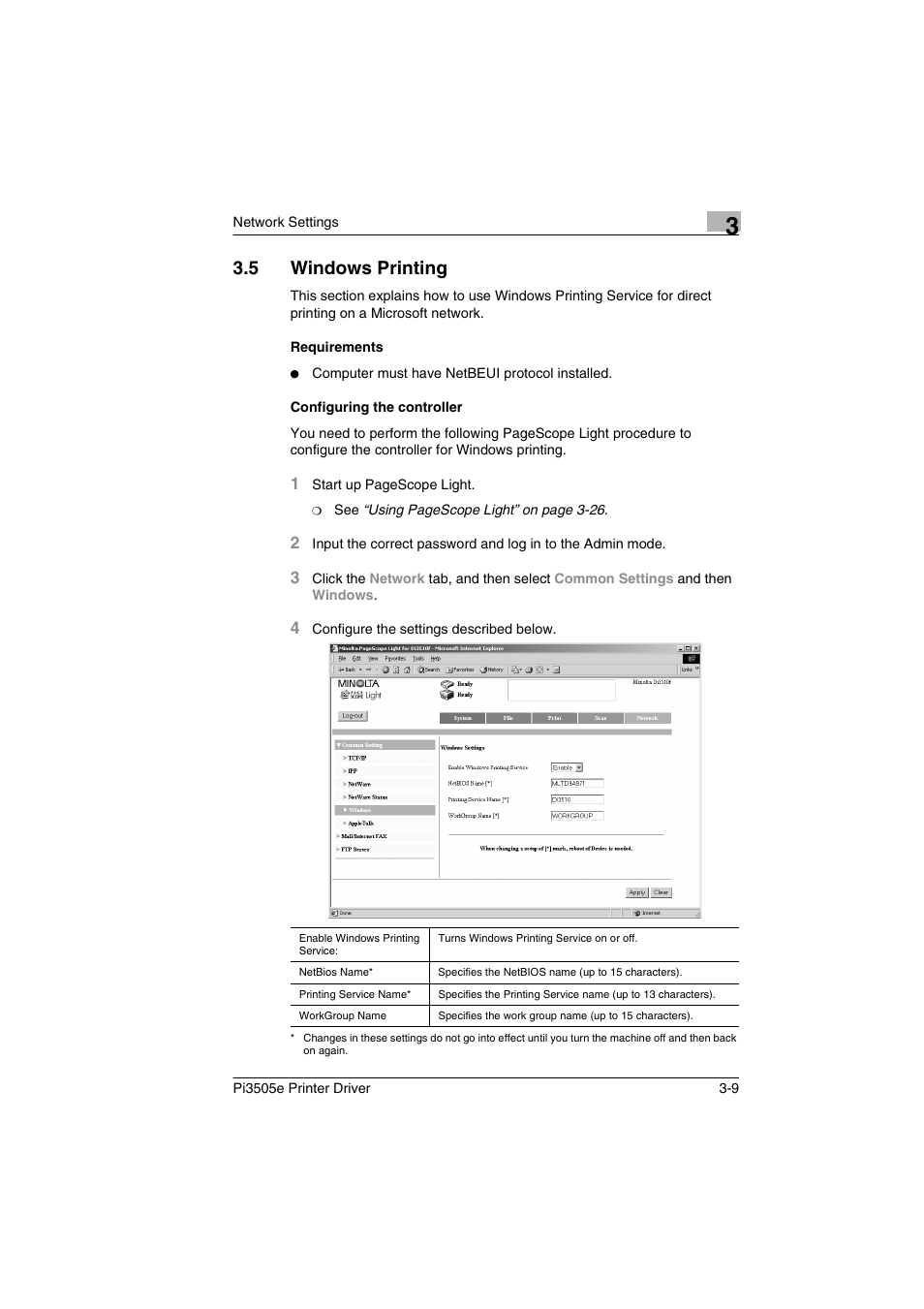 5 windows printing, Requirements, Configuring the controller | Windows printing -9, Requirements -9 configuring the controller -9 | Minolta Pi3505e User Manual | Page 48 / 114