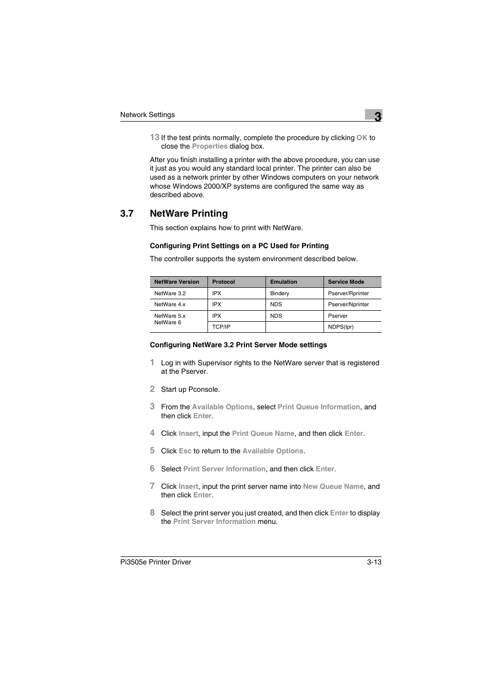 7 netware printing, Configuring netware 3.2 print server mode settings, Netware printing -13 | Minolta Pi3505e User Manual | Page 52 / 114