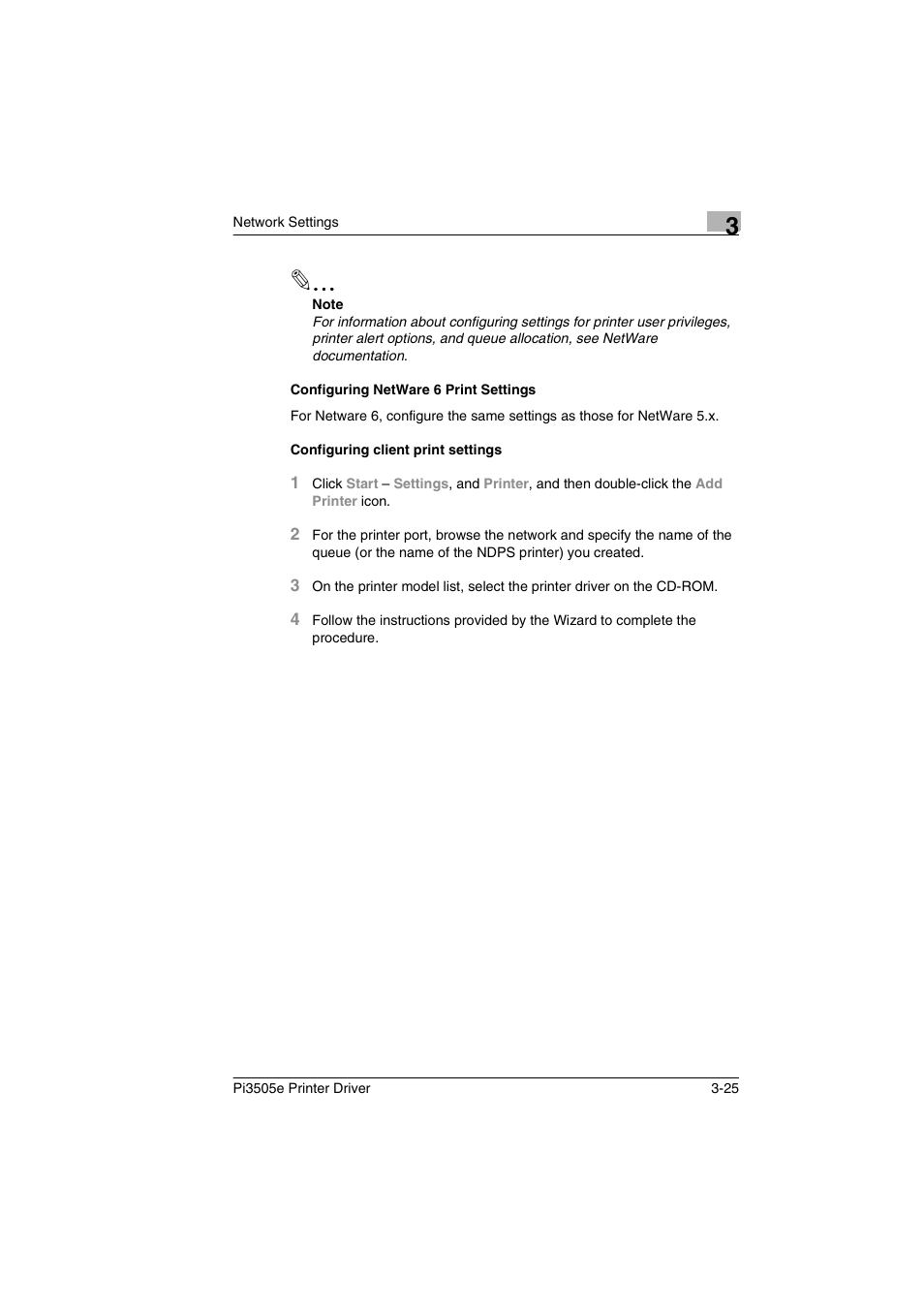 Configuring netware 6 print settings, Configuring client print settings | Minolta Pi3505e User Manual | Page 64 / 114