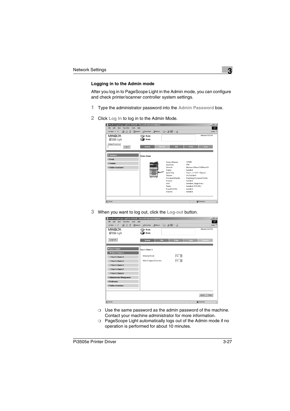 Logging in to the admin mode, Logging in to the admin mode -27 | Minolta Pi3505e User Manual | Page 66 / 114