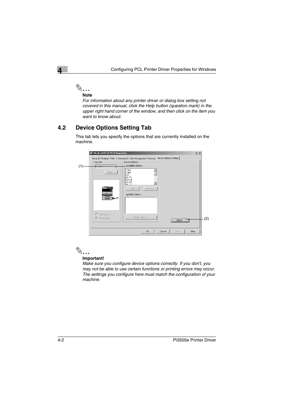 2 device options setting tab, Device options setting tab -2, P. 4-2 | Minolta Pi3505e User Manual | Page 69 / 114