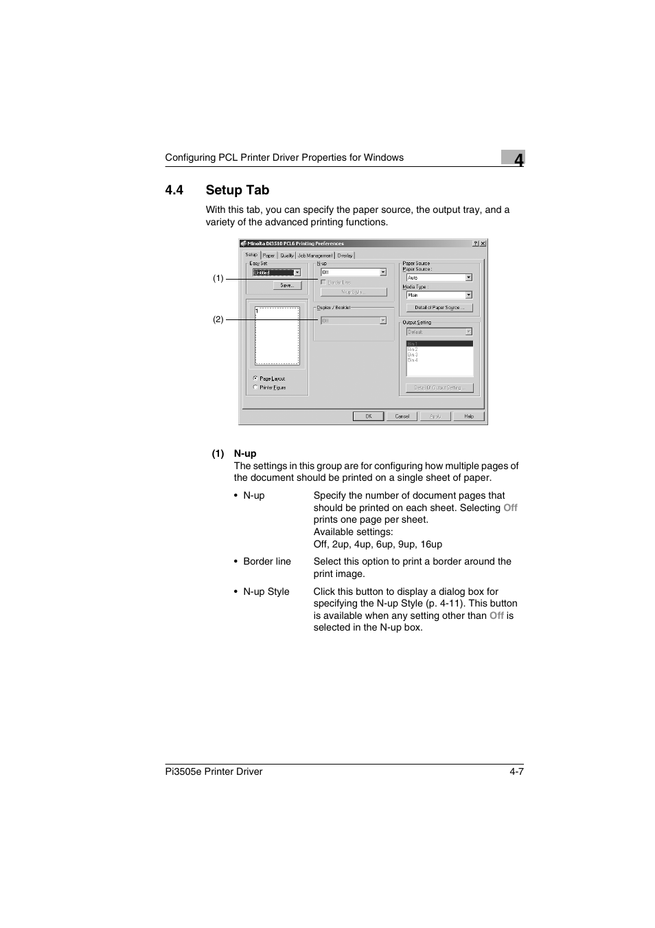 4 setup tab, Setup tab -7, P. 4-7 | Minolta Pi3505e User Manual | Page 74 / 114