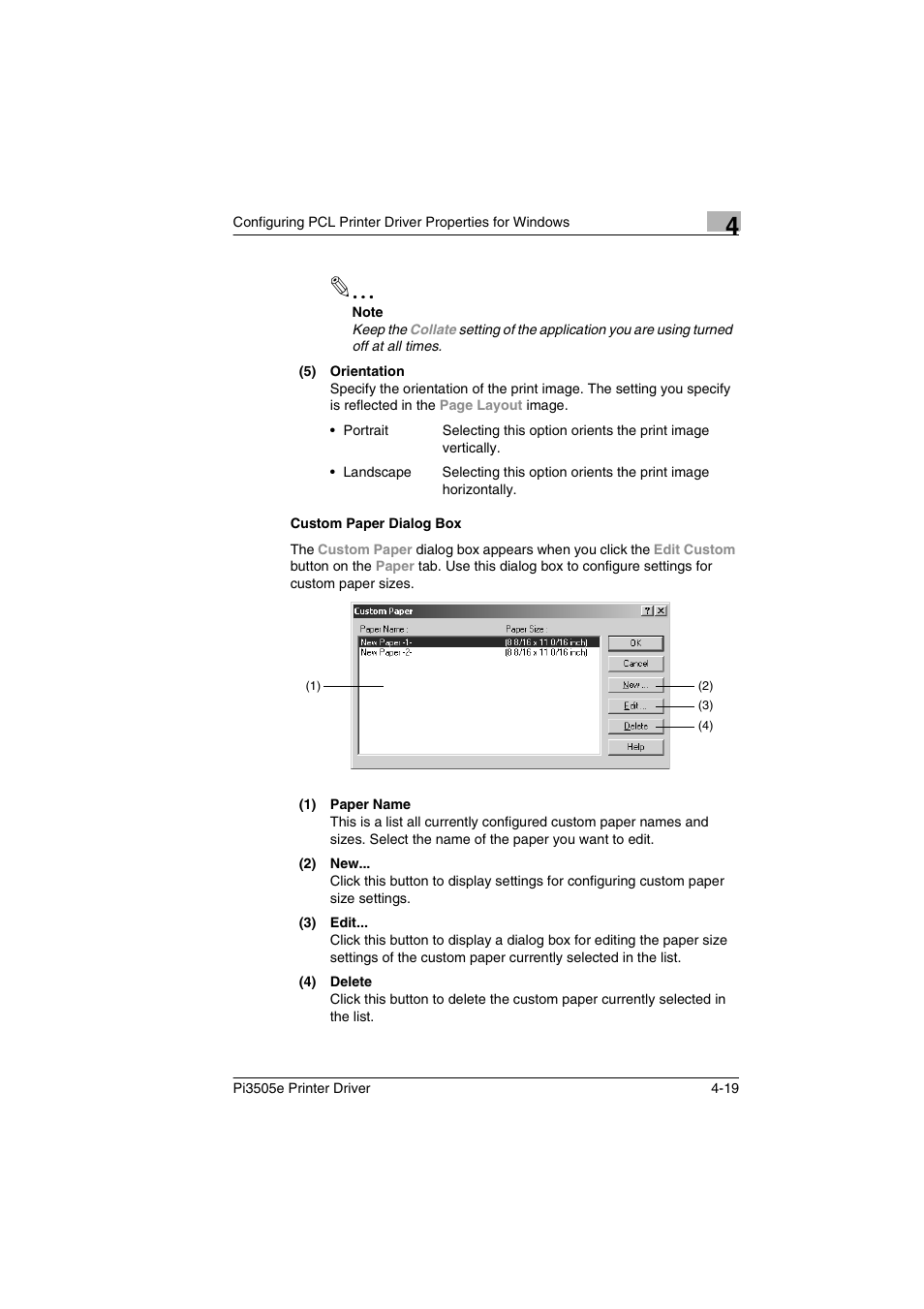 Custom paper dialog box, Custom paper dialog box -19 | Minolta Pi3505e User Manual | Page 86 / 114