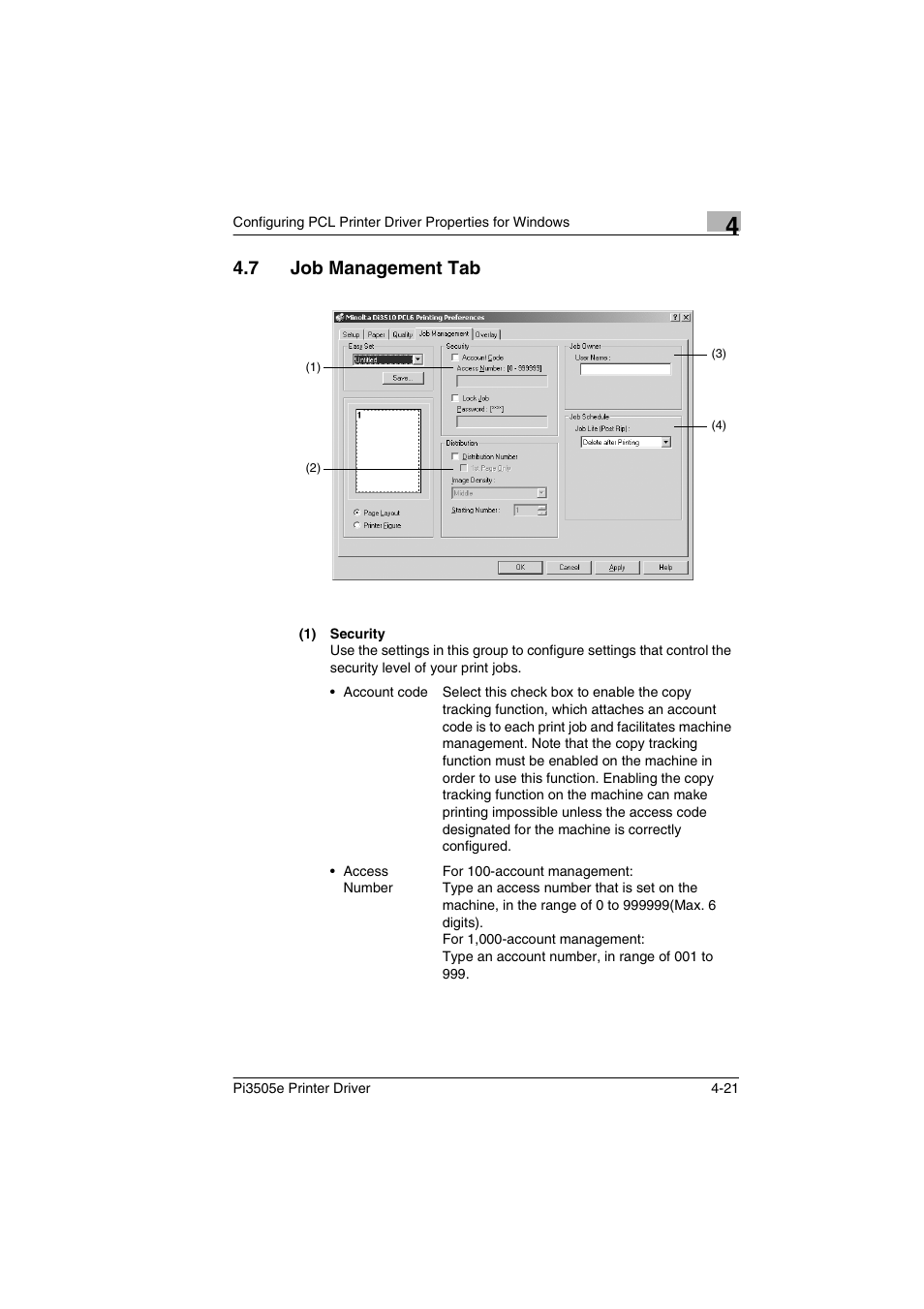 7 job management tab, Job management tab -21, P. 4-21 | Minolta Pi3505e User Manual | Page 88 / 114
