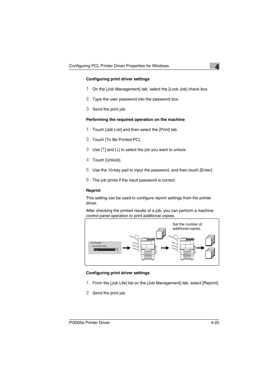 Configuring print driver settings, Performing the required operation on the machine, Reprint | Minolta Pi3505e User Manual | Page 92 / 114