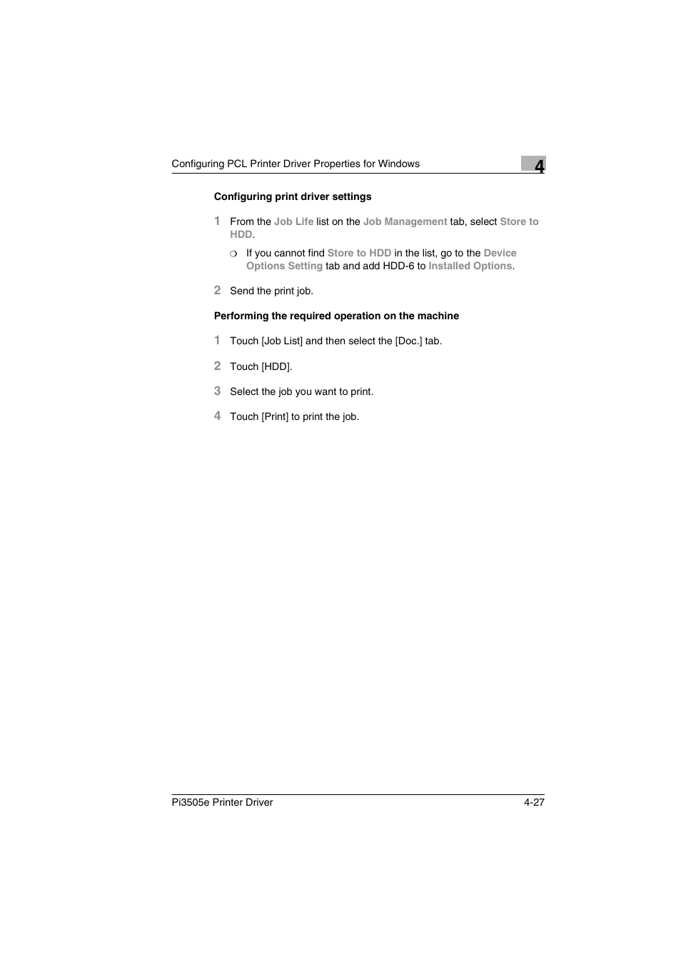 Configuring print driver settings, Performing the required operation on the machine | Minolta Pi3505e User Manual | Page 94 / 114