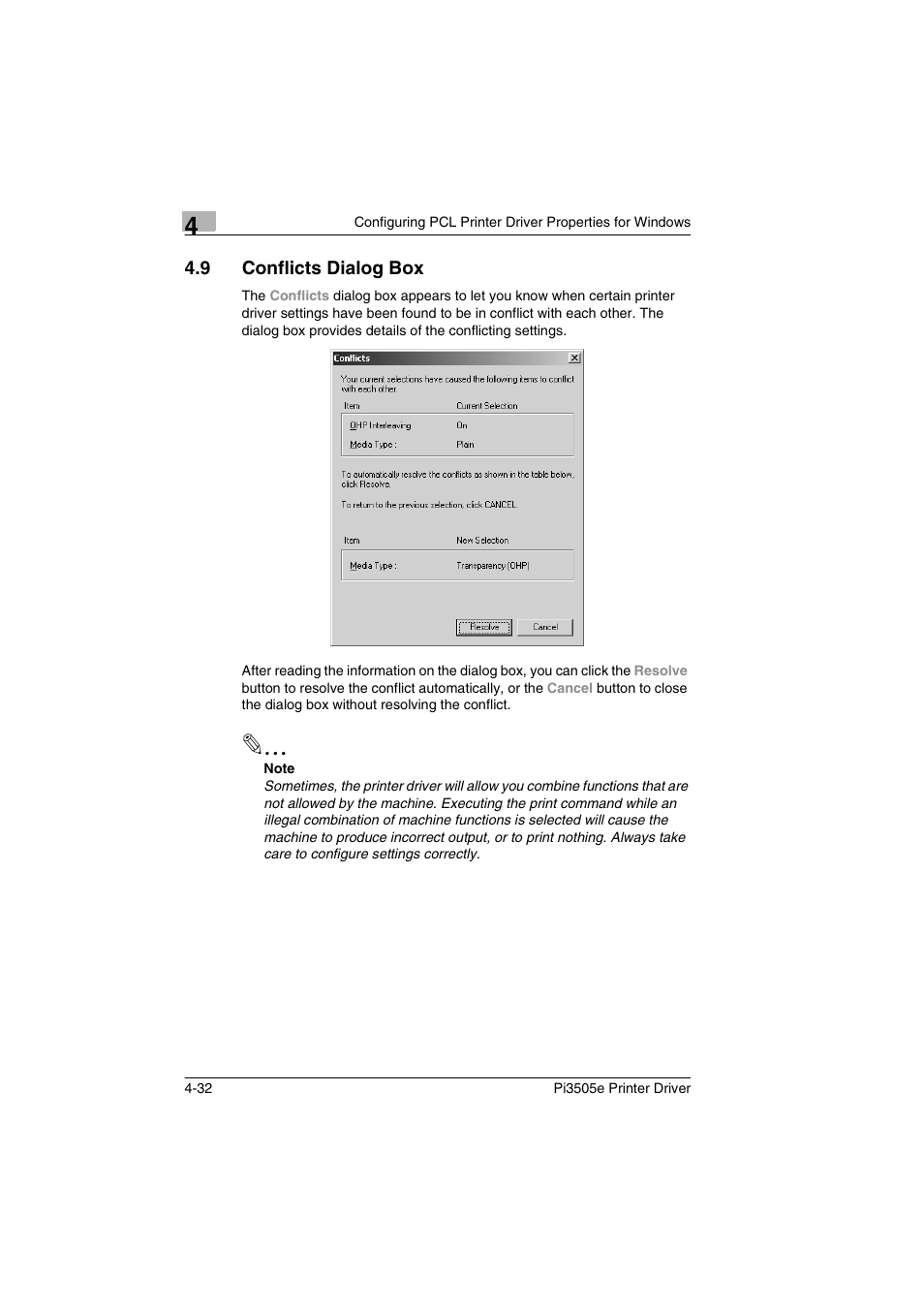 9 conflicts dialog box, Conflicts dialog box -32 | Minolta Pi3505e User Manual | Page 99 / 114