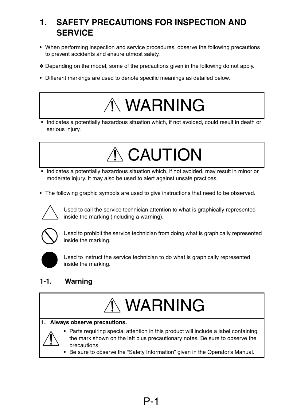 Safety precautions for inspection and service, 1. warning, Warning | Caution | Minolta Pi3505e/PS User Manual | Page 2 / 62