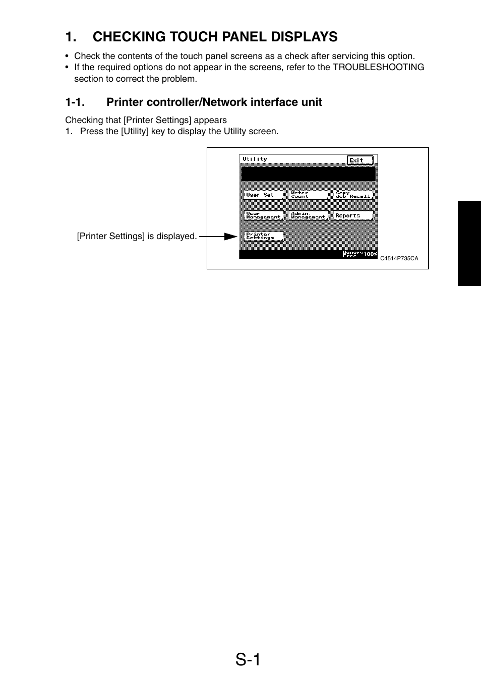 Checking touch panel displays, 1. printer controller/network interface unit | Minolta Pi3505e/PS User Manual | Page 32 / 62