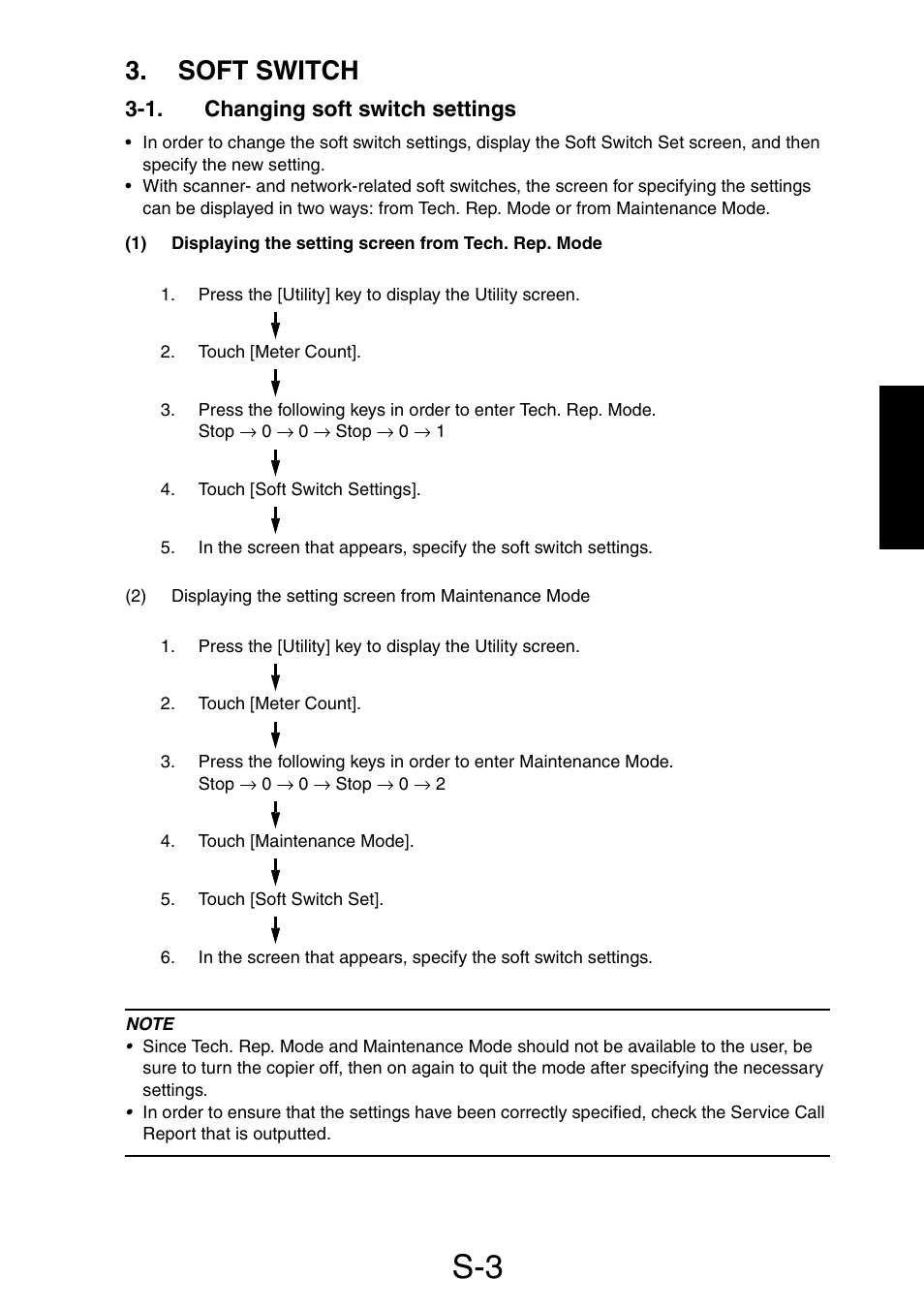 Soft switch, 1. changing soft switch settings | Minolta Pi3505e/PS User Manual | Page 34 / 62