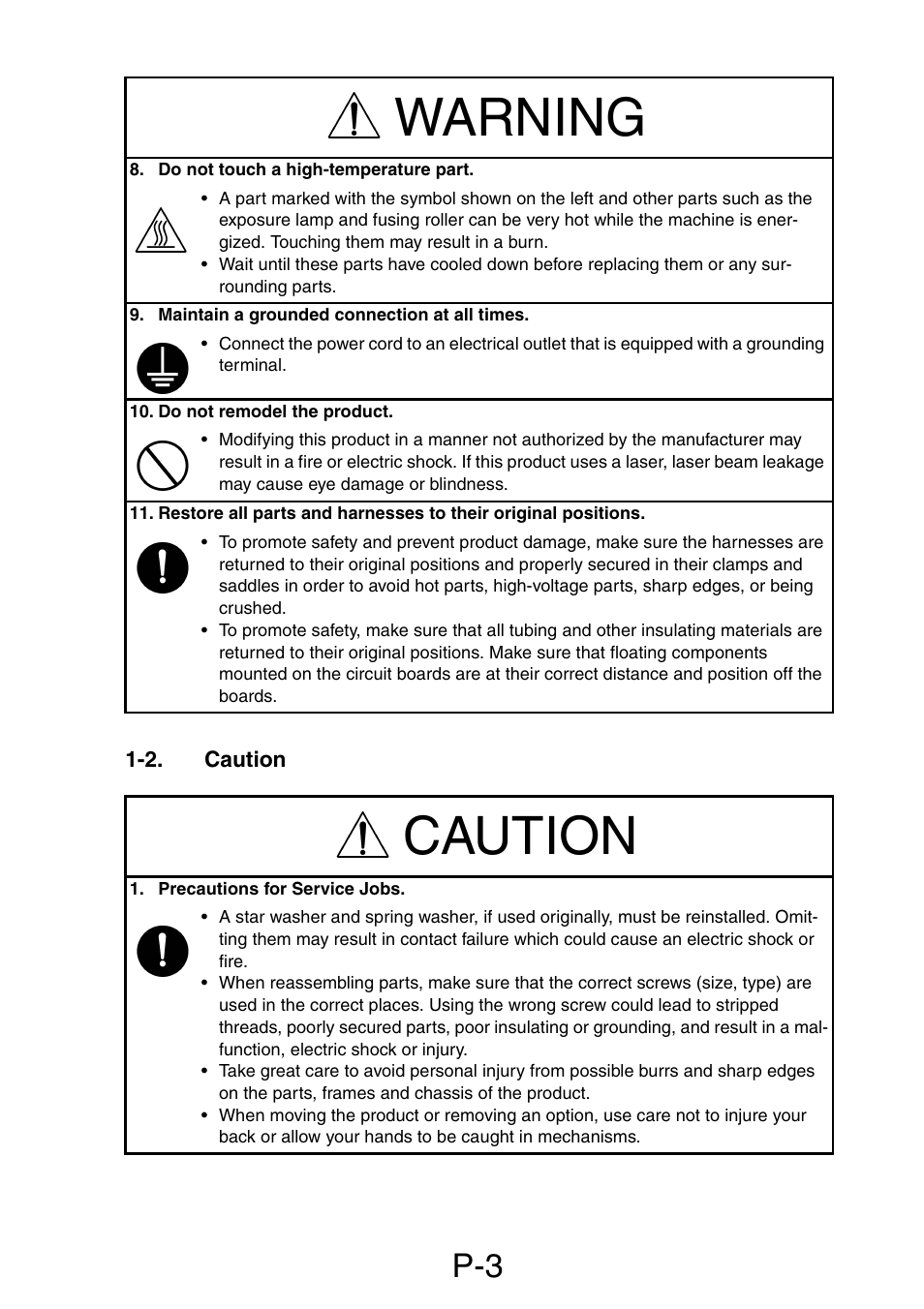 2. caution, Warning, Caution | Minolta Pi3505e/PS User Manual | Page 4 / 62