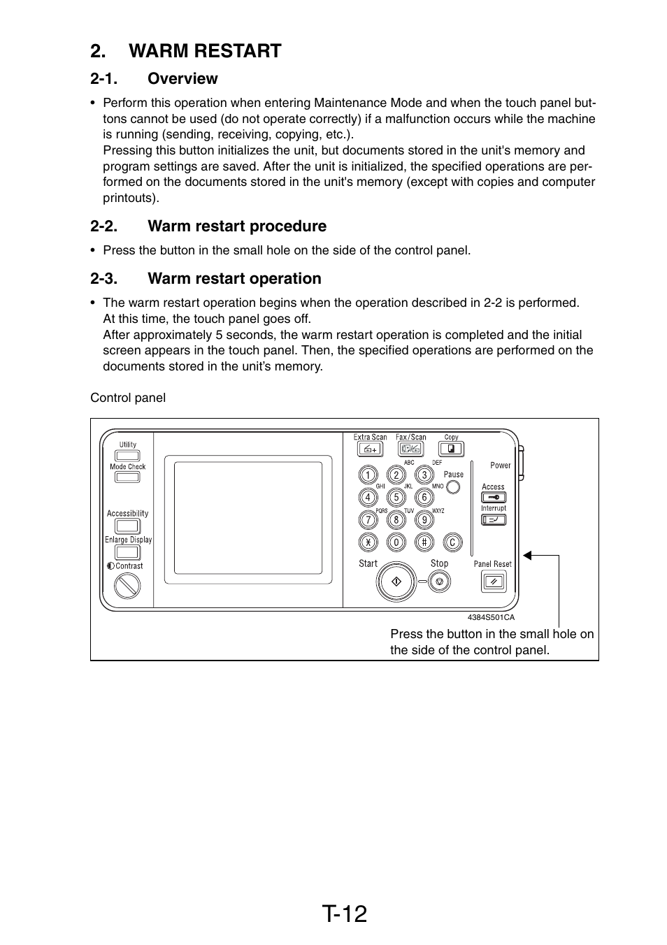 Warm restart, 1. overview, 2. warm restart procedure | 3. warm restart operation, T-12 | Minolta Pi3505e/PS User Manual | Page 61 / 62